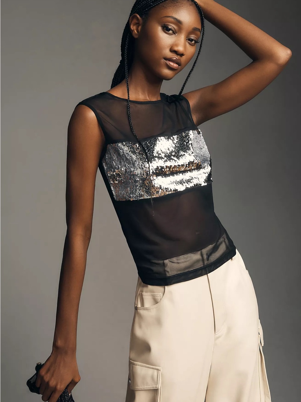 DOLAN Anthropologie Sequin Block Mesh Tank Top Black Silver XL NWT ($98)